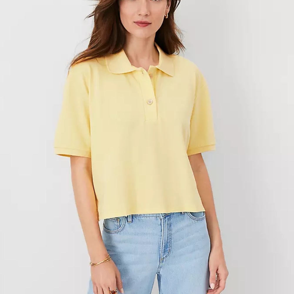 Ann Taylor Weekend Cropped Polo Top in Pomelo Spritz